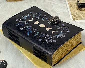 Moon Phases Vintage Leather Journal for Men & Women 200 Pages of Antique Handmade Deckle Edge Vintage Paper, Leather Sketchbook, Great Gift