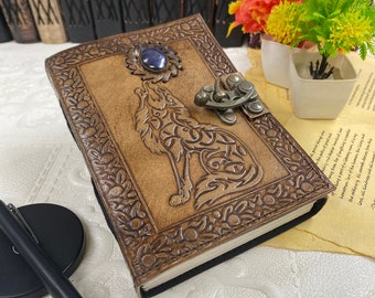 Leather Journal Writing Notebook Antique Handmade Howl Moon Stone Wolf Embossed Daily Notepad for Men & Women Unlined Paper Christmas Gift