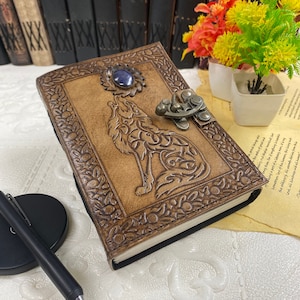 Leather Journal Writing Notebook Antique Handmade Howl Moon Stone Wolf Embossed Daily Notepad for Men & Women Unlined Paper Christmas Gift