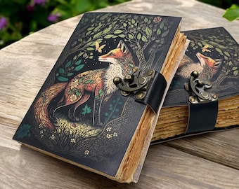 400 Page Large Fox Vintage Handmade leather Journal, Grimoire Fat journal Blank spell book of shadows Celestial Christmas Gifts For Him Her