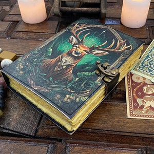 Diario in pelle vintage Diario stampato con cervo Diario vuoto Libro delle ombre Diario in pelle fatto a mano Diario Grimoire con carta con bordo frastagliato