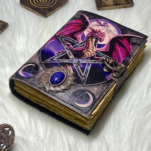 Dragon Vintage Leather Journal Blank Spell Book of Shadows Junk Journal Grimoire Journal Handmade Pentagram Journal Sun and Moon Journal