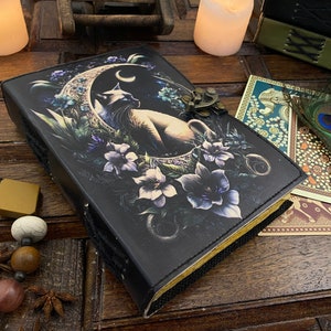 Grimoire Cat Leather Journal - Quaderno per schizzi - Libro delle ombre - Diario Wiccan delle streghe - Regali di carta fatti a mano per Halloween