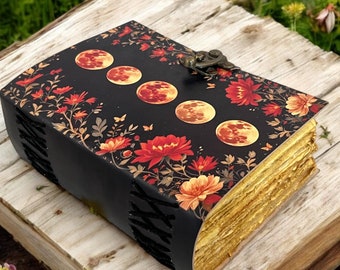 Diario de cuero vintage de 400 páginas con grimorio grande, diario grueso con fases lunares, libro de hechizos de sombras en blanco, regalos navideños celestiales para él y ella.