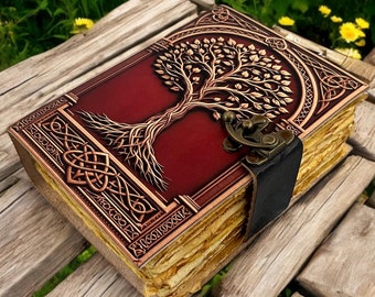Tree of Life Leather Journal | 200- 400 Page Large Grimoire | Blank Spell Book of Shadows | Celestial Leather Journal Gift for Him & Her