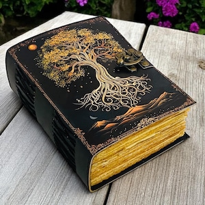 400 Page Large Grimoire leather journal, Print Tree of Life Journal, Blank spell book of shadows Leather Celestial Gifts For Him Her.