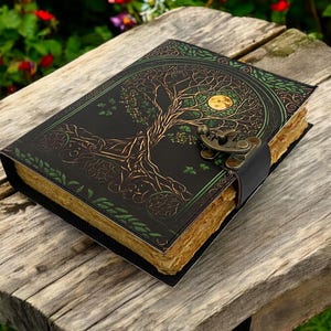 Baum des Lebens Leder Notizbuch | 400 Seiten großes Grimoire | Blanko Zauberbuch der Schatten | Himmlisches Leder Journal Geschenk für Weihnachten