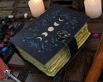 Large Leather Grimoire Journal, Moon Phases Book of Shadows, Blank Spell Notebook