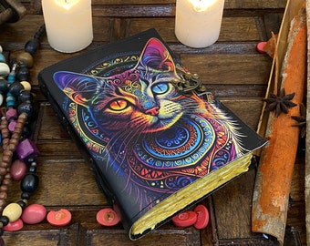 Leather Grimoire Journal: Celtic Cat Print, Deckle Edge Paper