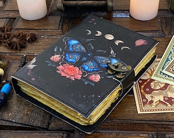 Luna Moth Leather Journal, Blank Book of Shadows, Deckle Edge Paper