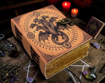 Dziennik Grimoire ze Smoczej Skóry, Gotycka Księga Cieni, Ręcznie robiona Księga Zaklęć z Papierem o Deckle Edge, Notatnik Fantasy Witchcraft