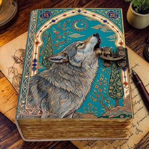 Könnte beinhalten: Ein rechteckiges Tagebuch mit einem türkisfarbenen Einband, der einen heulenden Wolf vor einer Mondsichel zeigt. Der Einband ist mit einem verzierten Torbogen, floralen Motiven und einem metallischen Schnappverschluss versehen. Die Seiten wirken gealtert.