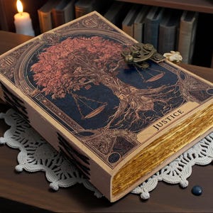 May include: A decorative book with a detailed cover featuring a tree design and scales, with the word "JUSTICE" at the bottom. The book has gold-colored edges and is secured with a metal clasp. It rests on a white lace doily.