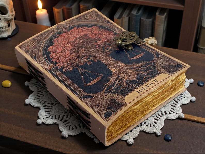 May include: A decorative book with a detailed cover featuring a tree design and scales, with the word "JUSTICE" at the bottom. The book has gold-colored edges and is secured with a metal clasp. It rests on a white lace doily.