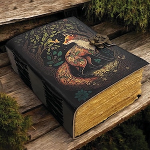 400-Page Fox Leather Grimoire | Handmade Blank Spell Book of Shadows, Large Vintage Deckle Paper Journal, Unique Fox Gift for Him and Her