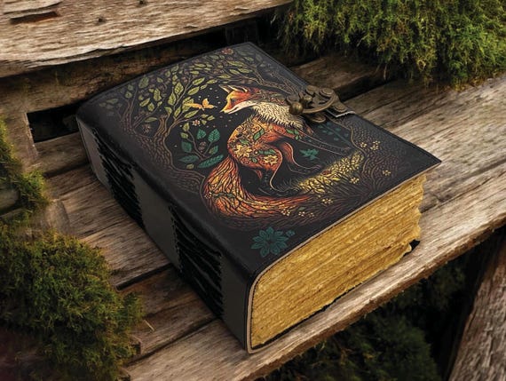 400-Page Fox Leather Grimoire | Handmade Spell Book of Shadows, Thick Vintage Deckle Paper Journal, Unique Fox Gift for Him and Her