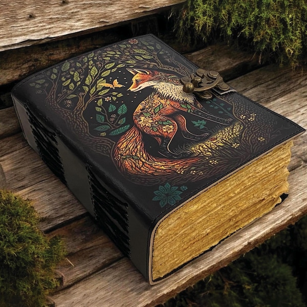 Grimorio de piel de zorro de 400 páginas / Libro de hechizos de las sombras hecho a mano, diario de papel grueso vintage con barbas, regalo único de zorro para él y para ella