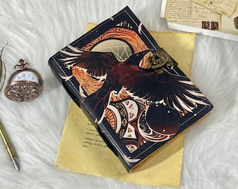 Handstitched Leather Grimoire Journal: Raven Spell Book with Brass Clasp