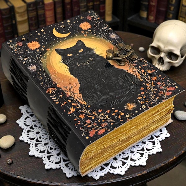 Handmade Gothic Magic Cat Leather Journal | Witchcraft Grimoire Diary | Wiccan Blank Spell Book | 5 Designs