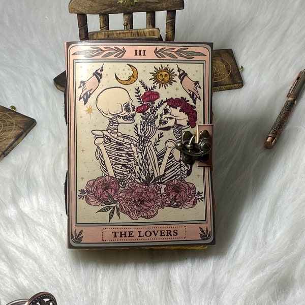 Vintage leather Journal The Lovers Book of Shadows Handmade Leather Journal Grimoire Journal with Deckle Edge Paper Gifts for Men and Women