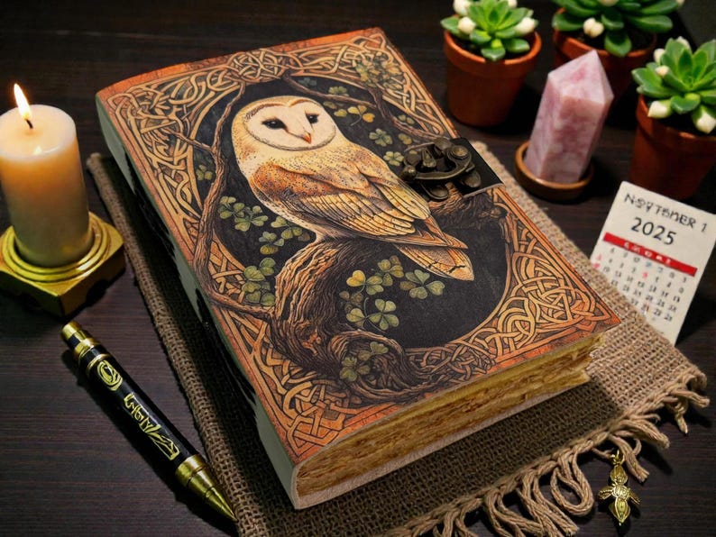 May include: An ornate journal with an owl design on the cover, framed by Celtic knotwork. The journal has a metal clasp and aged pages. A lit candle, pen, and a 2025 calendar are also visible.