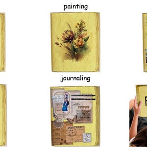 K&ouml;nnte beinhalten: Eine Sammlung von Journalen und Alben im Vintage-Stil. Die Titel zeigen Aktivit&auml;ten wie Schreiben, Malen, Skizzieren und Tagebuchf&uuml;hren. Ein offenes Album zeigt die Worte "Fill it". Die Seiten haben ein vergilbtes, gealtertes Aussehen.