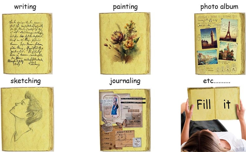 K&ouml;nnte beinhalten: Eine Sammlung von Journalen und Alben im Vintage-Stil. Die Titel zeigen Aktivit&auml;ten wie Schreiben, Malen, Skizzieren und Tagebuchf&uuml;hren. Ein offenes Album zeigt die Worte "Fill it". Die Seiten haben ein vergilbtes, gealtertes Aussehen.