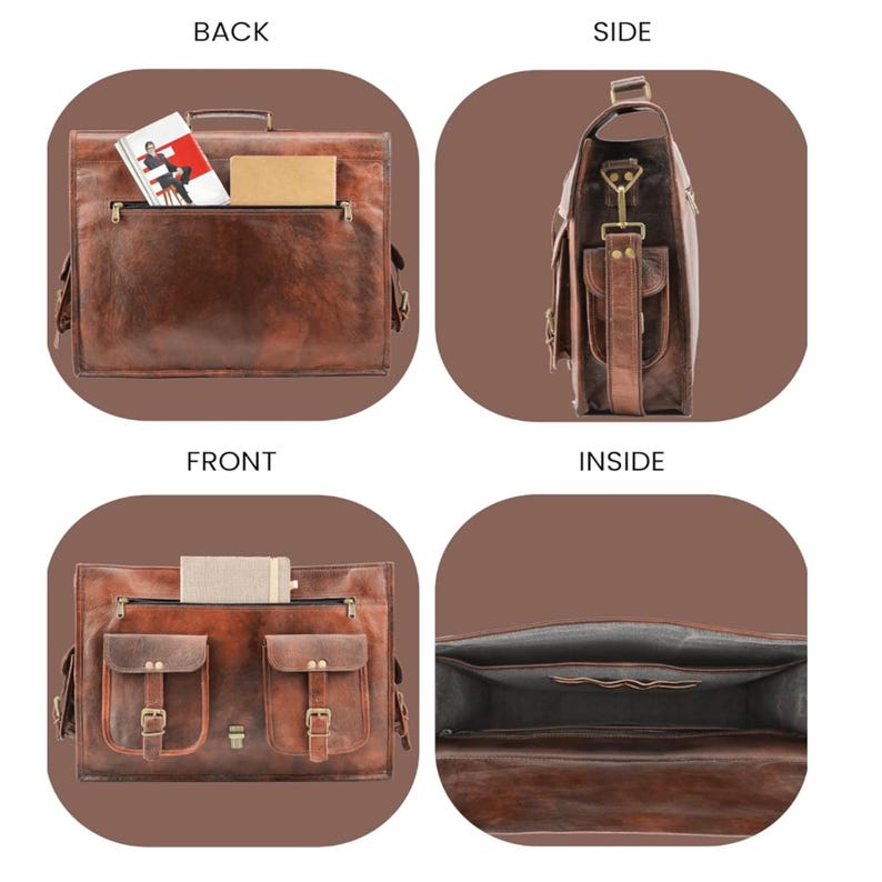 May include: A brown leather briefcase with multiple pockets and buckles. The briefcase is shown from the front, back, side, and inside. The inside is lined with a brown fabric.