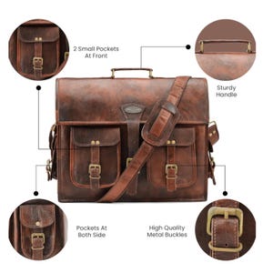 May include: A brown leather briefcase with a shoulder strap, two front pockets, and side pockets. The briefcase has a sturdy handle and high-quality metal buckles.