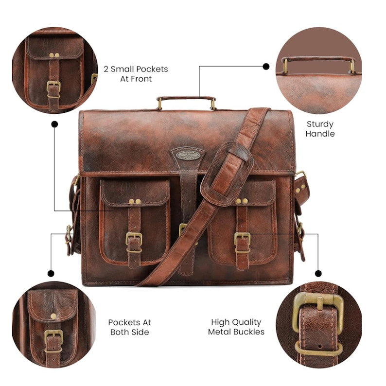 May include: A brown leather briefcase with a shoulder strap, two front pockets, and side pockets. The briefcase has a sturdy handle and high-quality metal buckles.