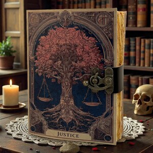 May include: A detailed journal with a tree of life design on the cover, featuring scales of justice and the word "JUSTICE". The journal is bound with a black leather strap and clasp. A lit candle and skull are nearby.