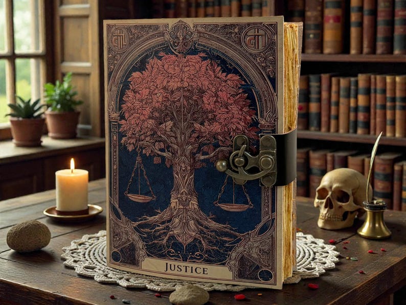 May include: A detailed journal with a tree of life design on the cover, featuring scales of justice and the word "JUSTICE". The journal is bound with a black leather strap and clasp. A lit candle and skull are nearby.