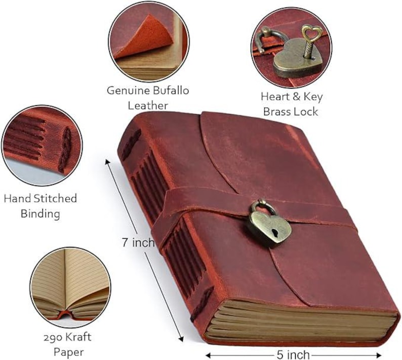 May include: A red leather journal with a heart-shaped lock and key. The journal is 7 inches tall and 5 inches wide. It has hand-stitched binding and 290 kraft paper pages.