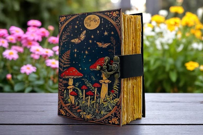 K&ouml;nnte beinhalten: Ein dekoratives Notizbuch mit Fantasy-Motiv. Das Cover zeigt eine Nachtszene mit Pilzen, Schmetterlingen und einem Vollmond. Die Seiten sind gelblich gealtert, und das Notizbuch wird mit einem schwarzen Lederriemen und einem Metallverschluss gesichert.
