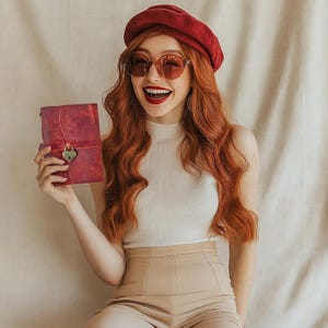 May include: A woman with red hair is wearing a red beret and sunglasses. She is holding a red leather journal with a heart-shaped lock.