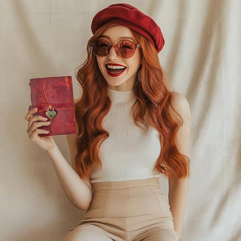 May include: A woman with red hair is wearing a red beret and sunglasses. She is holding a red leather journal with a heart-shaped lock.