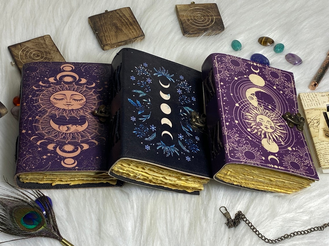 Sun & Moon Leather Journal Set: Handmade Grimoire With Deckle Edge ...