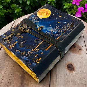 Op de afbeelding: Een hardcover notitieboek met een hemels ontwerp met een volle maan, sterren en bomen. De omslag is donkerblauw met gouden accenten en een leren riem sluiting. Een decoratieve sleutelhanger voegt details toe aan het notitieboek.
