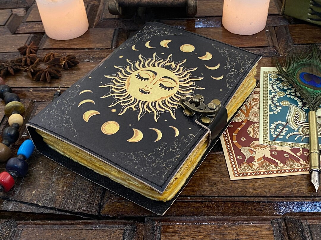 Sun and Moon Phase Leather Journal Notebook Spell Book Handstitched ...