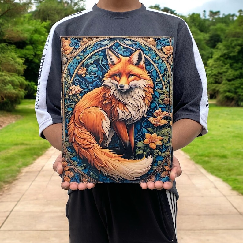 May include: A vibrant orange fox with a bushy tail sits in a circular frame of blue, green, and gold floral patterns. The fox is surrounded by flowers and leaves, creating a whimsical and enchanting scene.