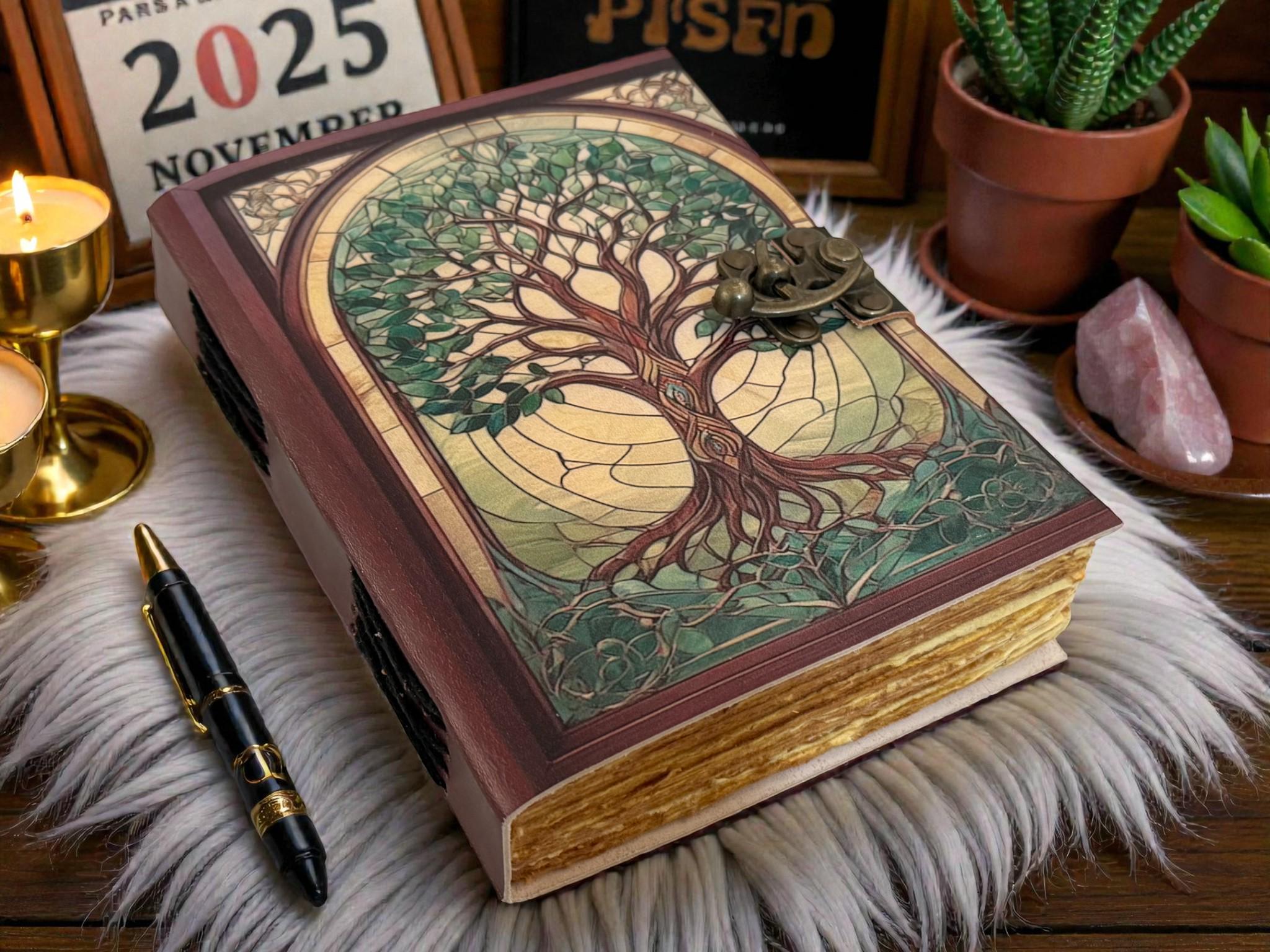 Tree of Life Leather Journal - Handmade Pagan Grimoire With Vintage ...