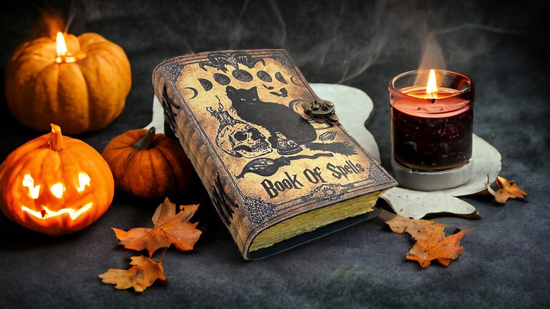 Puede incluir: Un diario encuadernado en cuero con un dise&ntilde;o vintage que presenta un gato negro, una calavera y las palabras "Libro de Hechizos". El diario est&aacute; rodeado de calabazas y velas, creando un ambiente de Halloween espeluznante.