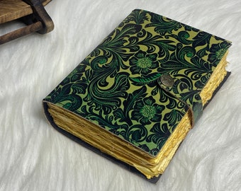 Green Garden Flower Leather Journal Book of Spell Handmade Journal Vintage Leather Grimoire Journal Junk Journal Gifts for Men and Women