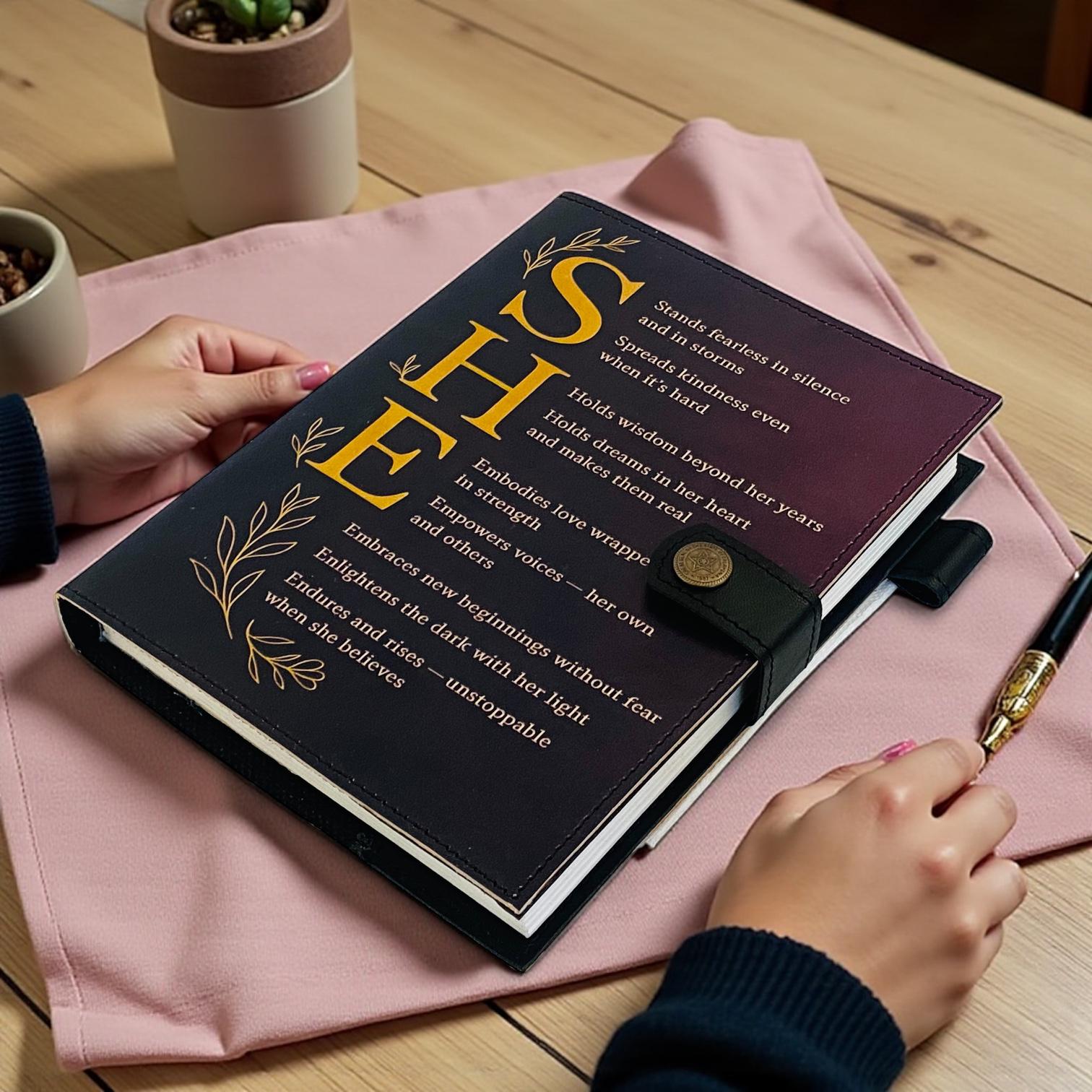 Personalized SHE Leather Journal – Custom Gifts for Women, Self Care Notebook, Healing Refillable Diary Christmas Gift for her