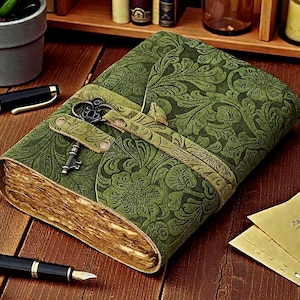 Handmade Green Floral Embossed Leather junk Journal – Vintage Writing Notebook, Antique Writers Diary Gift