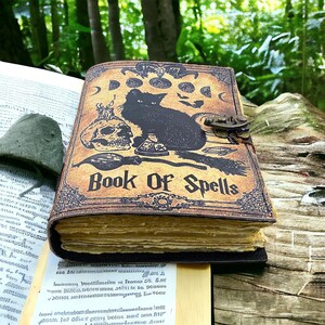 Puede incluir: Un diario encuadernado en cuero marr&oacute;n con un gato negro, una calavera y un dise&ntilde;o de poci&oacute;n. La portada dice "Book of Spells".