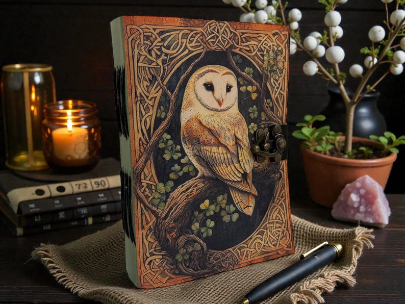 May include: A leather journal with an owl design. The cover shows a barn owl on a branch, framed by Celtic knot patterns and green leaves. It has a metal clasp and a sewn spine. The journal is approximately 20 cm in height.