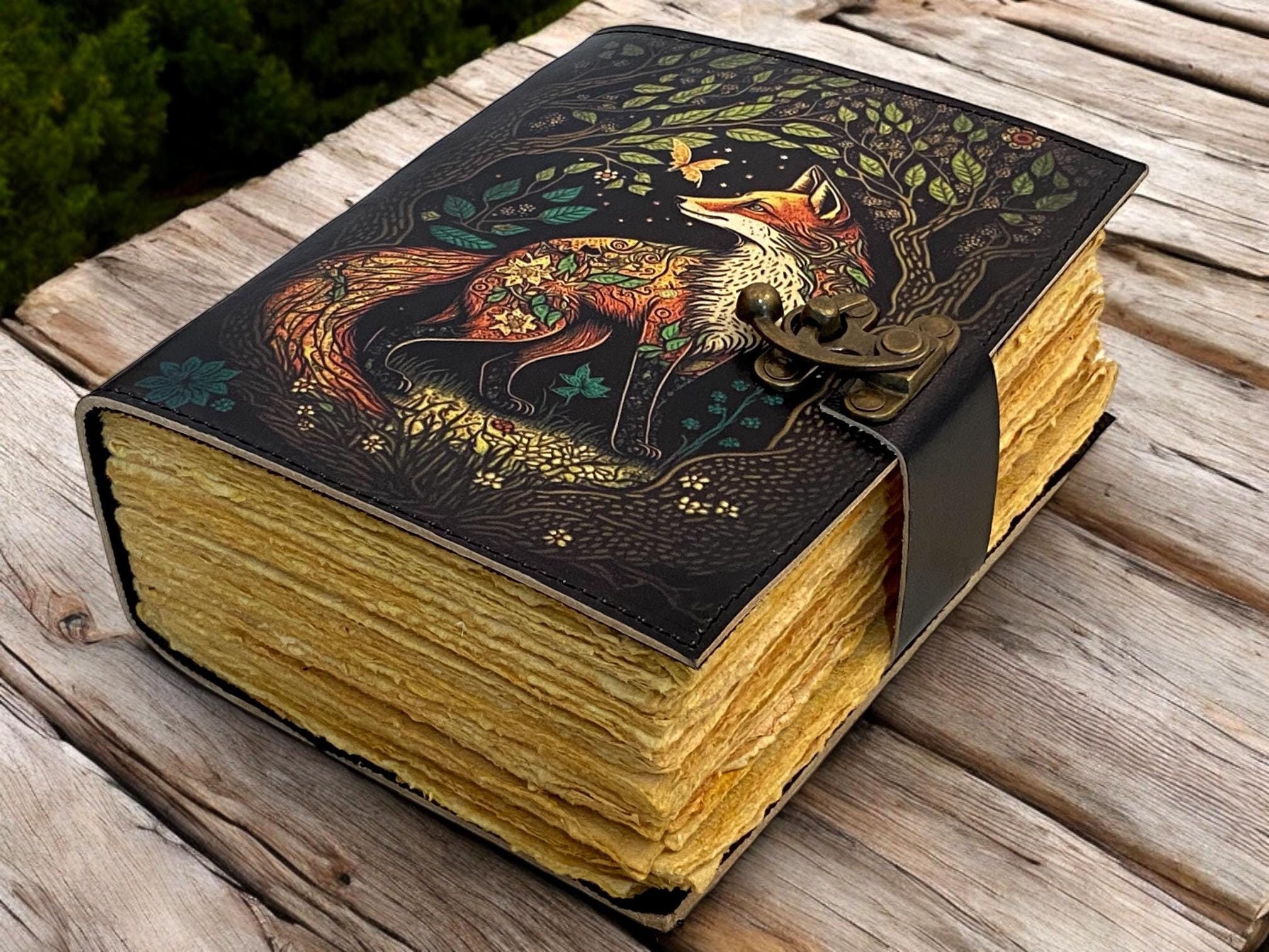 400 Page Large Fox Vintage Handmade leather Journal, Grimoire Fat journal Blank spell book of shadows Christmas Celestial Gifts For Him Her