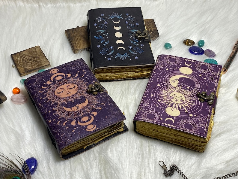 Sun & Moon Leather Journal Set: Handmade Grimoire With Deckle Edge ...