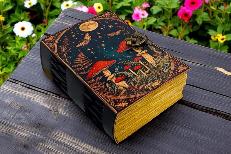 K&ouml;nnte beinhalten: Ein dekoratives Notizbuch mit einer detaillierten Illustration von Pilzen, Schmetterlingen und einem Mond auf dem Einband. Das Notizbuch hat einen dunkelblauen Hintergrund mit goldenen Akzenten und einem Verschluss. Die Seiten sind goldfarben.